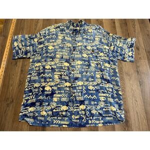 Nomadic Traders Button Up Mens Large Blue Adult Tribal Fish Rayon Good